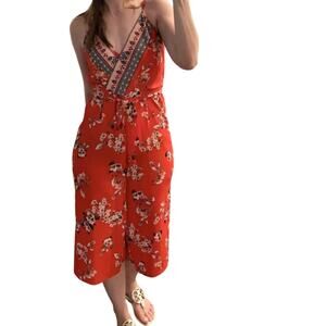 Francesca’s Collections Orange Red Floral Wide Leg Midi Jumpsuit Size Small